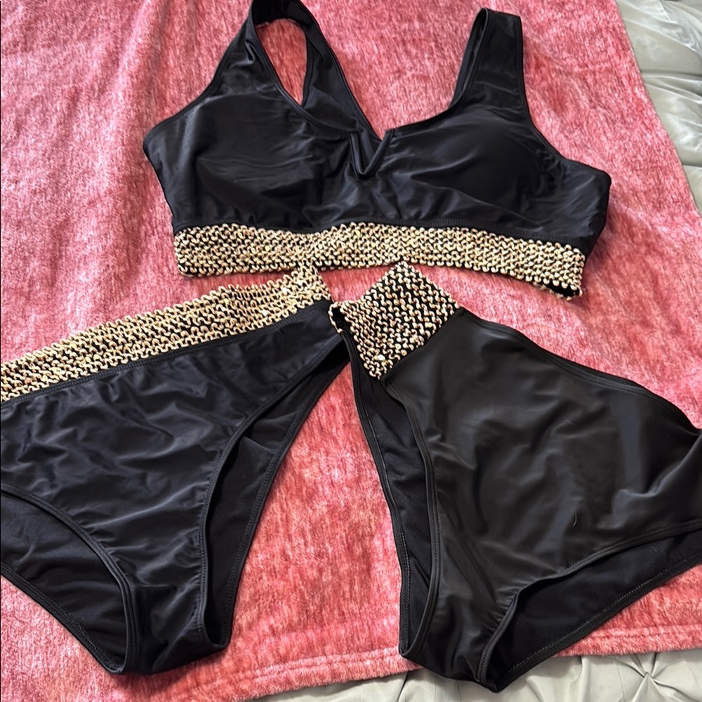 SHEIN Black and Gold Bikini with Rhinestone Embellishments